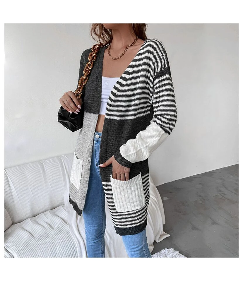 Sweater Coat Women Wholesale Women Stitching Striped Cardigan SOU162682 4 Sweater Coat Women Wholesale Women Stitching Striped Cardigan SOU162682 - Image 4
