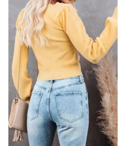 Pure Color Long Puff Sleeve Knitting Sweater 210603402 -Women Clothing Sales Store 02