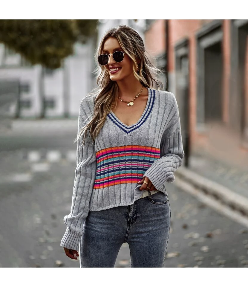 Casual V Neck Splice Long Sleeve Slim Wholesale Sweaters SSWN562276 7 Casual V Neck Splice Long Sleeve Slim Wholesale Sweaters SSWN562276 - Image 7