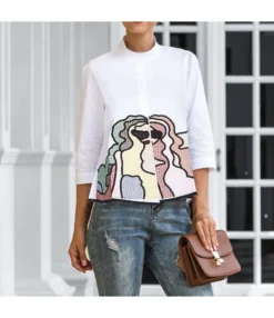 Women Graphic Print Lapel Collar Button Down Long Sleeve Wholesale Shirts STN580721