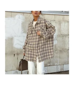 Vintage Plaid Commuter Oversize Long-Sleeved Shirt Wholesale Women'S Tops N464123033000005