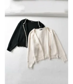 Fringe Trim Pearls Beaded Knitted Cardigan