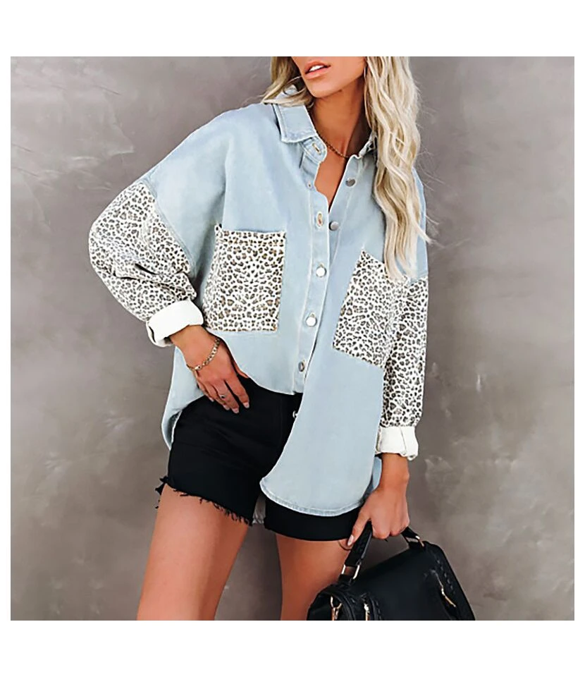 Leopard Print Denim Shirts With Pocket Long Sleeve Lapel Women'S Top Casual Wholesale Blouse ST531160 4 Leopard Print Denim Shirts With Pocket Long Sleeve Lapel Women'S Top Casual Wholesale Blouse ST531160 - Image 4