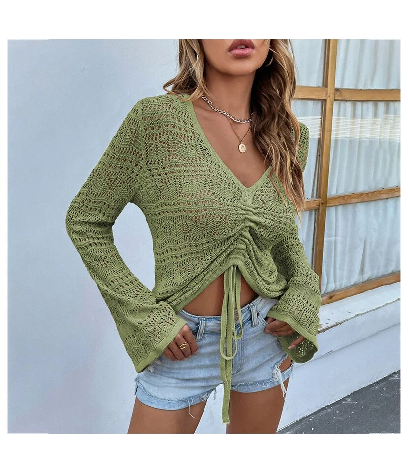 Sexy V-Neck Hollow Out Drawstring Knit Crop Tops Solid Color Flared Sleeve Loose Wholesale Sweater SSWN561053 5 Sexy V-Neck Hollow Out Drawstring Knit Crop Tops Solid Color Flared Sleeve Loose Wholesale Sweater SSWN561053 - Image 5