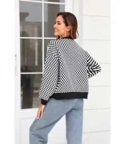 Knit Plaid Stitching Stripe Button Up Cardigan Sweater Wholesale Women'S Top -Women Clothing Sales Store 18643971887341499aadb03801120343