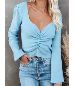 Pure Color Long Puff Sleeve Knitting Sweater 210603402 -Women Clothing Sales Store 1 619