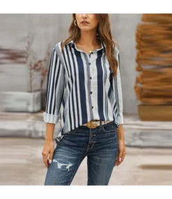 Lapel Long Sleeve Top Vertical Striped Casual Blouse Wholesale ST202685