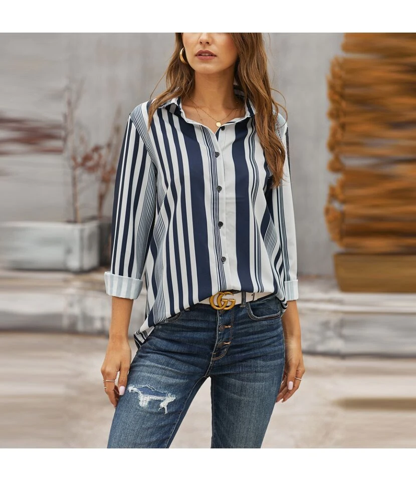 Lapel Long Sleeve Top Vertical Striped Casual Blouse Wholesale ST202685 1 Lapel Long Sleeve Top Vertical Striped Casual Blouse Wholesale ST202685