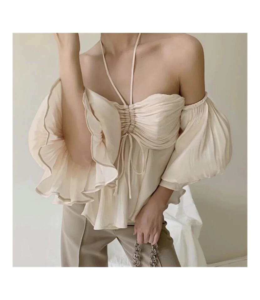 Women Lantern Sleeve Off Shoulder Halterneck Drawstring Ruched Wholesale Blouses ST185324 1 Women Lantern Sleeve Off Shoulder Halterneck Drawstring Ruched Wholesale Blouses ST185324