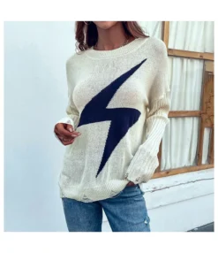 Casual Loose Ripped Lightning Print Knitted Tops Long Sleeve Round Neck Wholesale Sweater SSWN561061