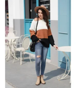 Round Neck Color-blocking Crochet Sweater