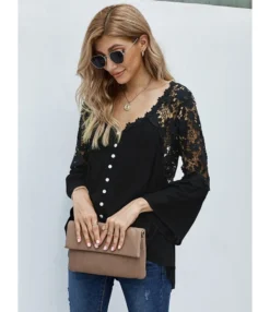 Single Breasted Lace Patchwork Solid Color Blouse Top