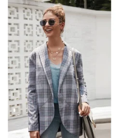 Plaid Pocket Side Open Front Women Blazer