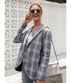 Plaid Pocket Side Open Front Women Blazer -Women Clothing Sales Store 200803158 6