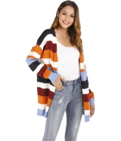 Rainbow Striped Colorblock Women Knit Cardigan -Women Clothing Sales Store 200808860 2