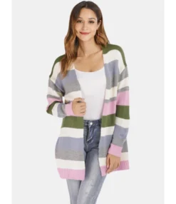 Rainbow Striped Colorblock Women Knit Cardigan