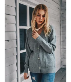 Pocket Side Solid Color Button Front Knit Cardigan -Women Clothing Sales Store 200811981 2