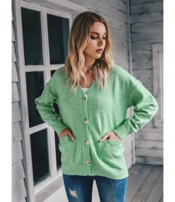 Pocket Side Solid Color Button Front Knit Cardigan