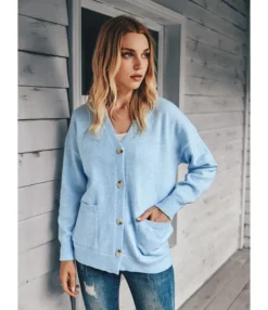 Pocket Side Solid Color Button Front Knit Cardigan -Women Clothing Sales Store 200811981 6