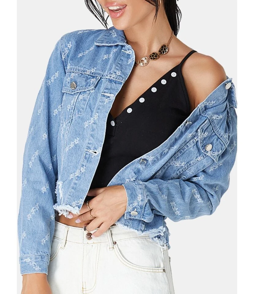 Fringe Hem Ripped Women Denim Jacket 1 Fringe Hem Ripped Women Denim Jacket