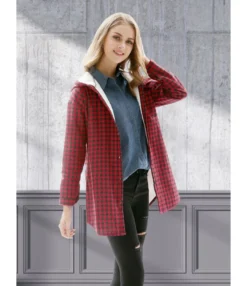 Women Pocket Decor Plaid Hooded Shirt
