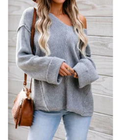 V-collar Seam Ribbed Knitting Sweater