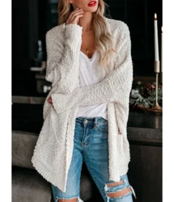 Drop Sleeve Pocket Plain Grain Fleece Cardigan