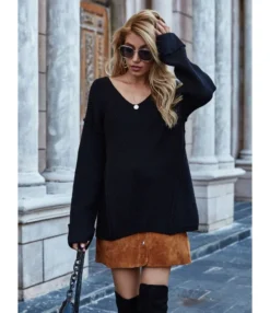 Solid Color Seam Rib-knit Sweater