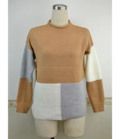 Funnel Collar Hit Color Ribbed Pullover -Women Clothing Sales Store 200925562 2 1
