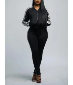 2 Pieces Snake Skin Print Hooded Jacket And Pants Sweatsuit