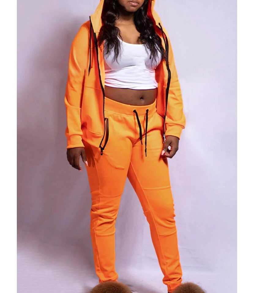 2-piece Plain Zipper Hooded Sweatshirt Match Drawstring Pants Set 1 2-piece Plain Zipper Hooded Sweatshirt Match Drawstring Pants Set