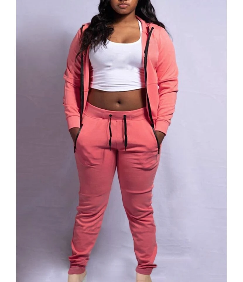 2-piece Plain Zipper Hooded Sweatshirt Match Drawstring Pants Set 3 2-piece Plain Zipper Hooded Sweatshirt Match Drawstring Pants Set - Image 3