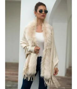 Faux Fur Collar Fringe Trim Cardigan