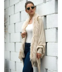 Faux Fur Collar Fringe Trim Cardigan -Women Clothing Sales Store 201010444 4