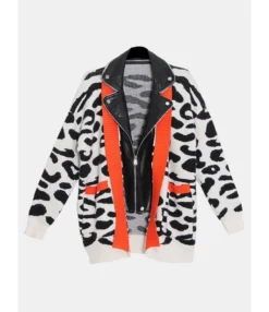 Pu Leather Neck Patchwork Leopard Knitting Cardigan