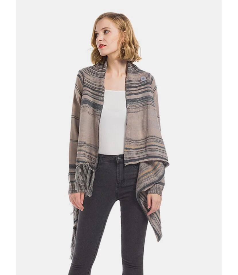 Tassel Hem Knitting Wrapped Shawl Cardigan 1 Tassel Hem Knitting Wrapped Shawl Cardigan