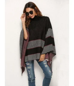 Fringe Hem Turtleneck Stripe Cloak Sweater