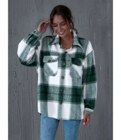Single Breasted Flap Pocket Checked Shirt Coat Cheap Wholesale Womens Clothing