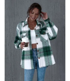 Single Breasted Flap Pocket Checked Shirt Coat Cheap Wholesale Womens Clothing -Women Clothing Sales Store 201114305 2