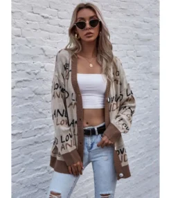 Letter Jacquard Knitting Sweater Cardigan