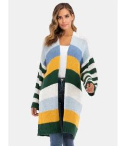 Drop Shoulder Hit-color Striped Textured Knit Cardigan