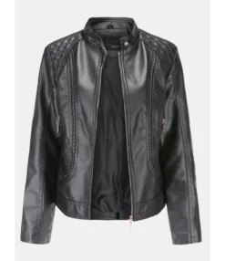 Stand Collar Zipper Pocke Biker Jacket