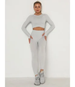 2-piece Contrast Crop Top Match Leggings Workout Set Cheap Wholesale Womens Clothing -Women Clothing Sales Store 201201866 9