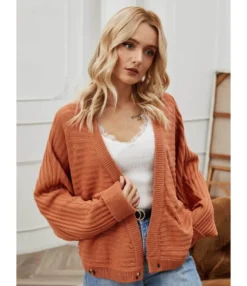 Drop Sleeve Solid Textured Knitted Buttoned Sweater Cardigan