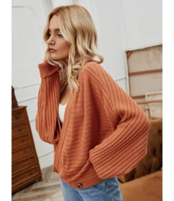 Drop Sleeve Solid Textured Knitted Buttoned Sweater Cardigan -Women Clothing Sales Store 201203490 2