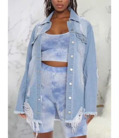 Irregular Tassel Trim Frayed Distressed Denim Jacket