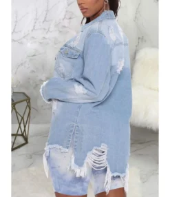 Irregular Tassel Trim Frayed Distressed Denim Jacket -Women Clothing Sales Store 201229766 2