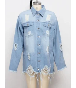 Irregular Tassel Trim Frayed Distressed Denim Jacket -Women Clothing Sales Store 201229766 3 1