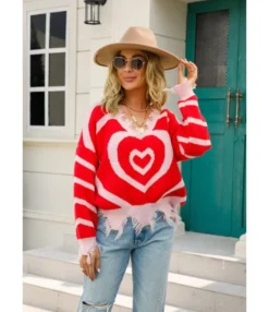 Heart Print V-Neck Tassel Long Sleeve Loose Knitwear Wholesale Womens Sweaters SSWN535330 -Women Clothing Sales Store 20220818113935434