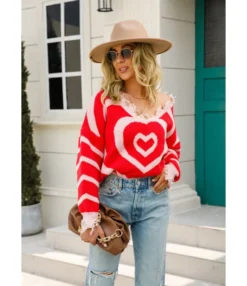 Heart Print V-Neck Tassel Long Sleeve Loose Knitwear Wholesale Womens Sweaters SSWN535330 -Women Clothing Sales Store 20220818113935623